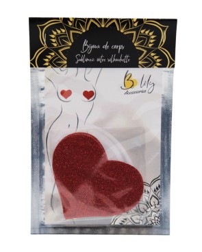 Paire de cache tétons adhésifs coeur pailleté rouge 