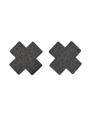 Paire de cache tétons adhésifs croix pailletée noir