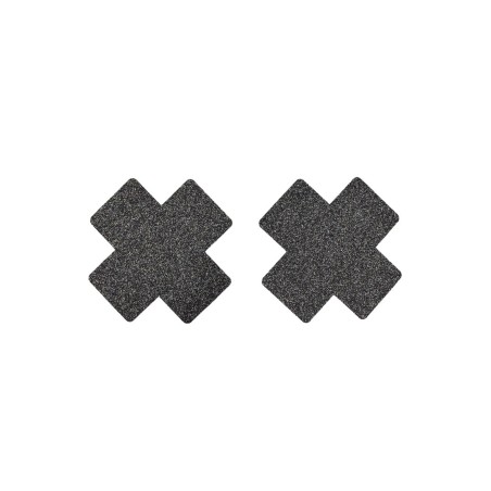 Paire de cache tétons adhésifs croix pailletée noir
