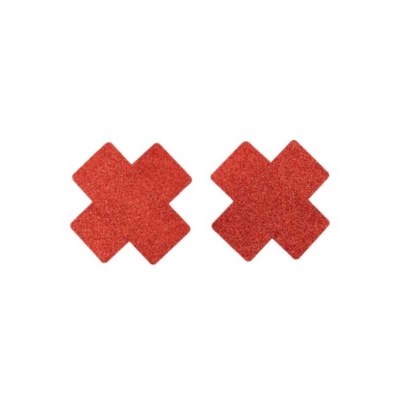 Paire de cache tétons adhésifs croix pailletée rouge