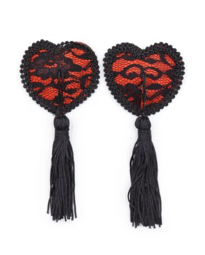 Paire de cache tétons adhésifs en forme de cœur avec dentelle noire et pompom
