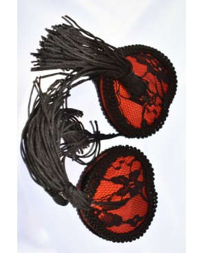 Paire de cache tétons adhésifs en forme de cœur avec dentelle noire et pompom