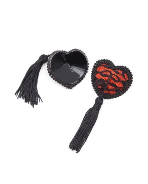 Paire de cache tétons adhésifs en forme de cœur avec dentelle noire et pompom