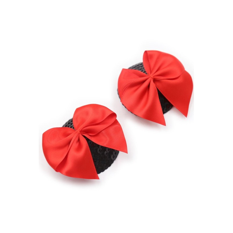 Paire de cache tétons adhésifs noir avec nœud papillon rouge Paire de cache tétons adhésifs noir avec nœud papillon rouge