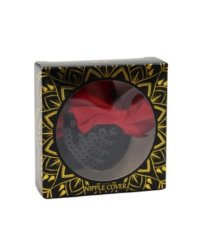 Paire de cache tétons adhésifs noir avec nœud papillon rouge