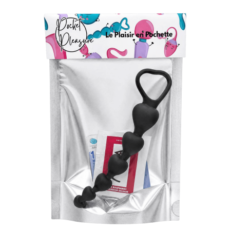 Chapelet Anal Cœur Silicone Noir 1 dosette de lubrifiant — Pocket Pleasure