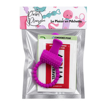 Anneau violet vibrant silicone avec langue picot Pocket Pleasure 1 dosette de lubrifiant
