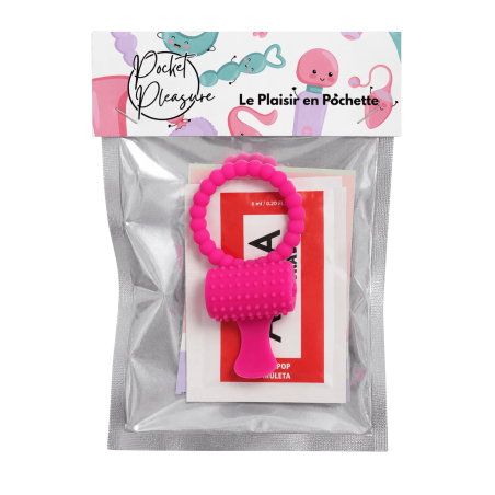Anneau rose vibrant silicone avec langue picot Pocket Pleasure 1 dosette de lubrifiant