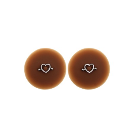 Paire de cache-tétons piercing barre coeur faux diamant peau foncée 