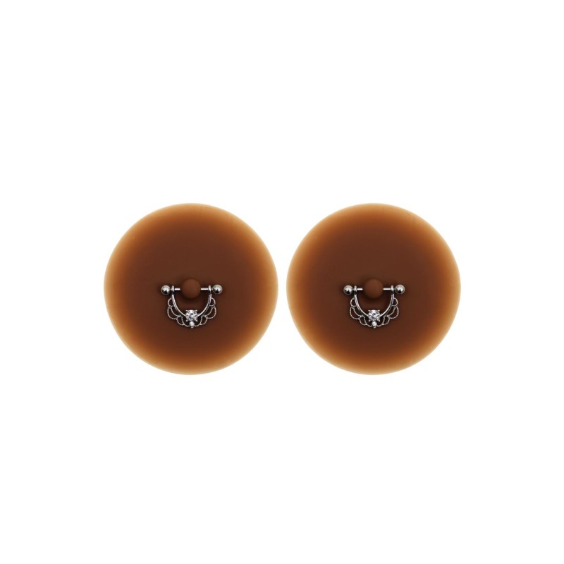 Paire de cache-tétons piercing barre demi-anneau faux diamant peau foncée Paire de cache-tétons piercing barre demi-anneau faux diamant peau foncée