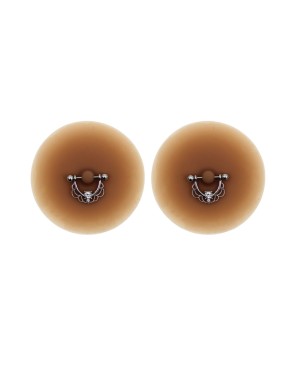 Paire de cache-tétons piercing barre demi-anneau faux diamant peau métisse 