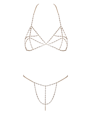 Soutien-gorge et string bijoux en chaînettes dorées et strass irisés