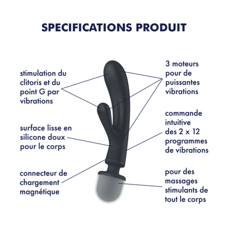 2 en 1 Vibromasseur rabbit et wand noir USB Triple Lover Satisfyer