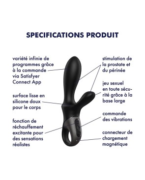Vibromasseur rabbit noir USB, chauffant et connecté Heat Climax Satisfyer