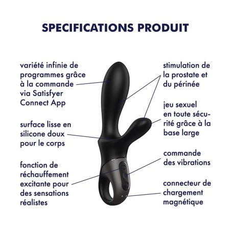 Vibromasseur rabbit noir USB, chauffant et connecté Heat Climax Satisfyer