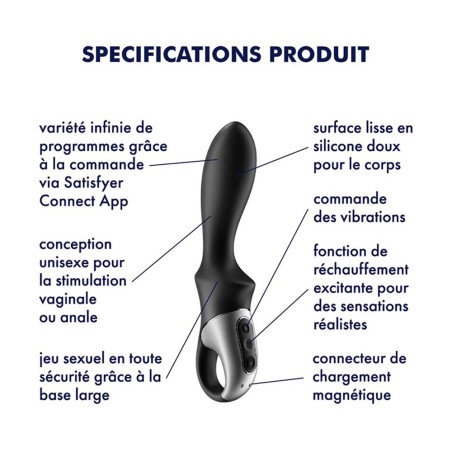 Vibromasseur noir USB, chauffant et connecté Heat Climax Satisfyer