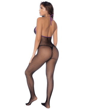 Combinaison en résille et dentelle noire et violette