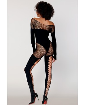Bodystocking manches longues effet body et bas noir 