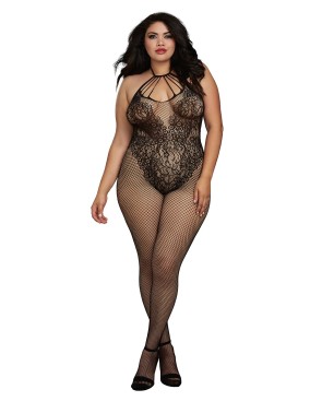 Bodystocking Grande taille résille dans un style Body avec magnifique décolleté à lanières 