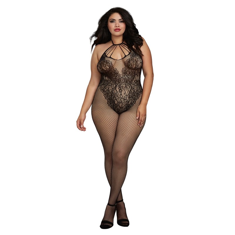 Bodystocking Grande taille résille dans un style Body avec magnifique décolleté à lanières Bodystocking Grande taille résille dans un style Body avec magnifique décolleté à lanières