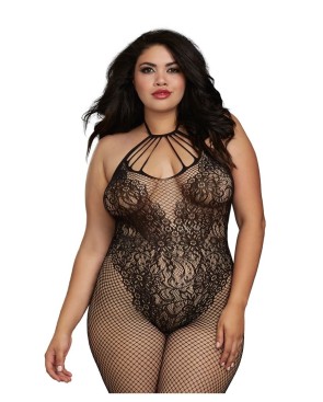 Bodystocking Grande taille résille dans un style Body avec magnifique décolleté à lanières 
