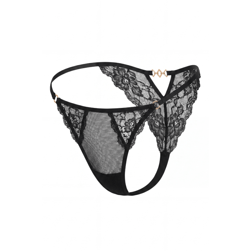 Tanga noir en dentelle avec bijou losanges dorés Tanga noir en dentelle avec bijou losanges dorés