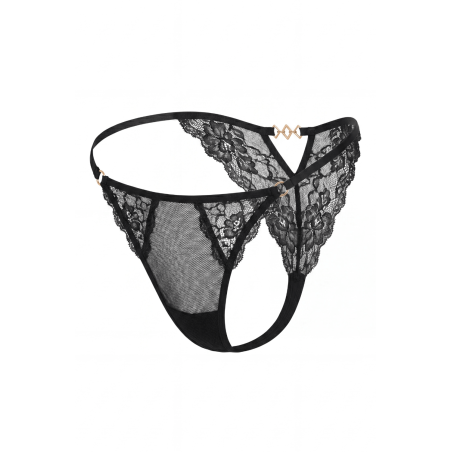 Tanga noir en dentelle avec bijou losanges dorés