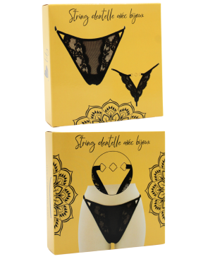 Tanga noir en dentelle avec bijou losanges dorés