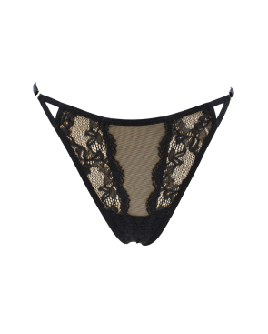 Tanga noir en dentelle avec bijou losanges dorés