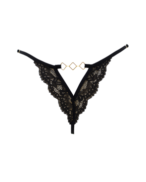 Tanga noir en dentelle avec bijou losanges dorés
