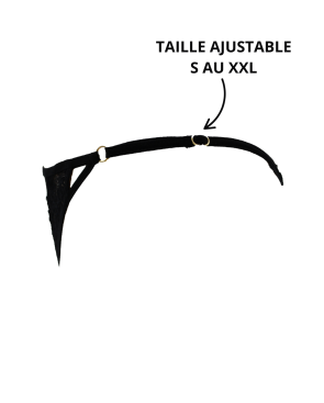 Tanga noir en dentelle avec bijou losanges dorés