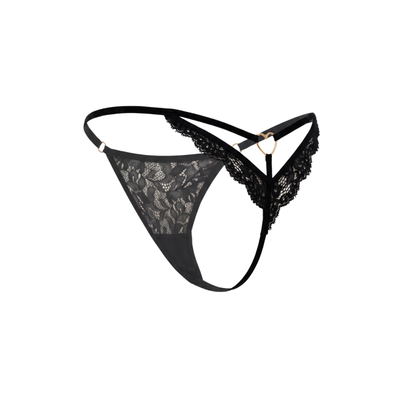 String noir en dentelle avec bijou cœur doré String noir en dentelle avec bijou cœur doré