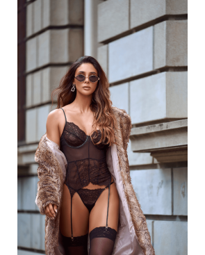 Ensemble 2 pièces avec bustier transparent à armatures et jarretelles noir - Mapalé