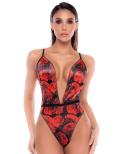 Body noir et rouge en résille transparente avec imprimé et décolleté plongeant - Mapalé