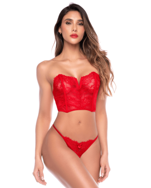 Ensemble 2 pièces bustier en dentelle rouge et string - Mapalé