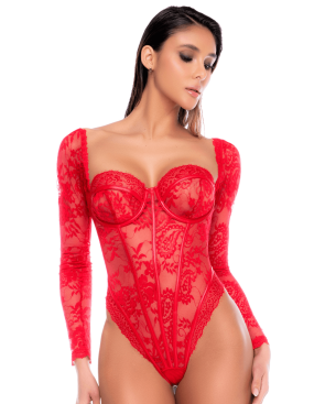 Body rouge à manches longues en dentelle avec armatures - Mapalé