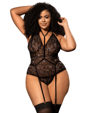 Body grande taille noir en dentelle florale avec harnais amovible - Mapalé