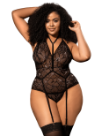 Body grande taille noir en dentelle florale avec harnais amovible - Mapalé Body grande taille noir en dentelle florale avec harnais amovible - Mapalé