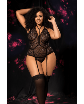 Body grande taille noir en dentelle florale avec harnais amovible - Mapalé
