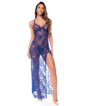 Robe longue transparente bleu royal en dentelle avec dos croisé et fente haute - Mapalé
