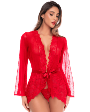 Peignoir transparent rouge en résille plumetis et dentelle avec string - Mapalé