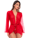 Peignoir transparent rouge en résille plumetis et dentelle avec string - Mapalé Peignoir transparent rouge en résille plumetis et dentelle avec string - Mapalé