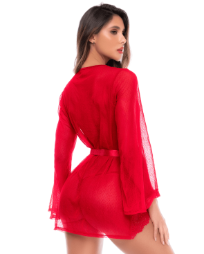 Peignoir transparent rouge en résille plumetis et dentelle avec string - Mapalé