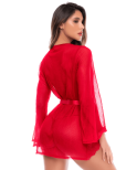 Peignoir transparent rouge en résille plumetis et dentelle avec string - Mapalé Peignoir transparent rouge en résille plumetis et dentelle avec string - Mapalé