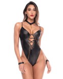 Body wetlook noir avec laçage et chaînes - Mapalé