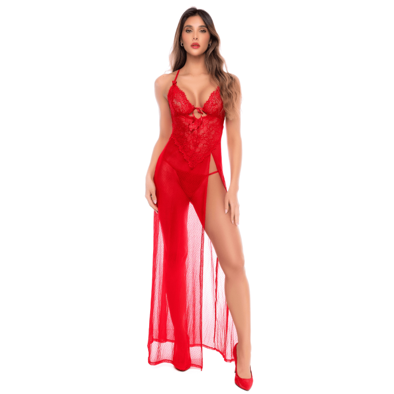 Robe longue transparente rouge en dentelle et résille avec string - Mapalé Robe longue transparente rouge en dentelle et résille avec string - Mapalé