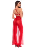 Robe longue transparente rouge en dentelle et résille avec string - Mapalé Robe longue transparente rouge en dentelle et résille avec string - Mapalé