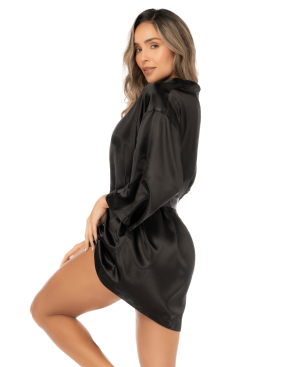 Peignoir court satiné noir avec ceinture à nouer - Mapalé