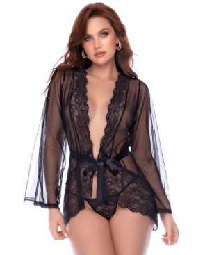 Peignoir transparent noir en résille plumetis et dentelle avec string - Mapalé