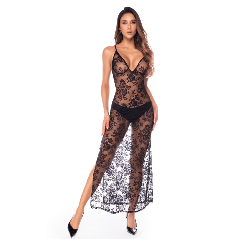 Nuisette transparente noire en dentelle avec décolleté plongeant et fentes latérales - Mapalé Nuisette transparente noire en dentelle avec décolleté plongeant et fentes latérales - Mapalé
